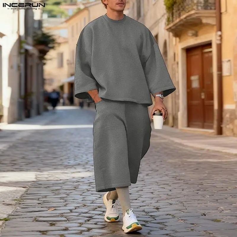 Men'S Fashion Loose Pants - طقم رجالي من INCERUN بلون موحد،