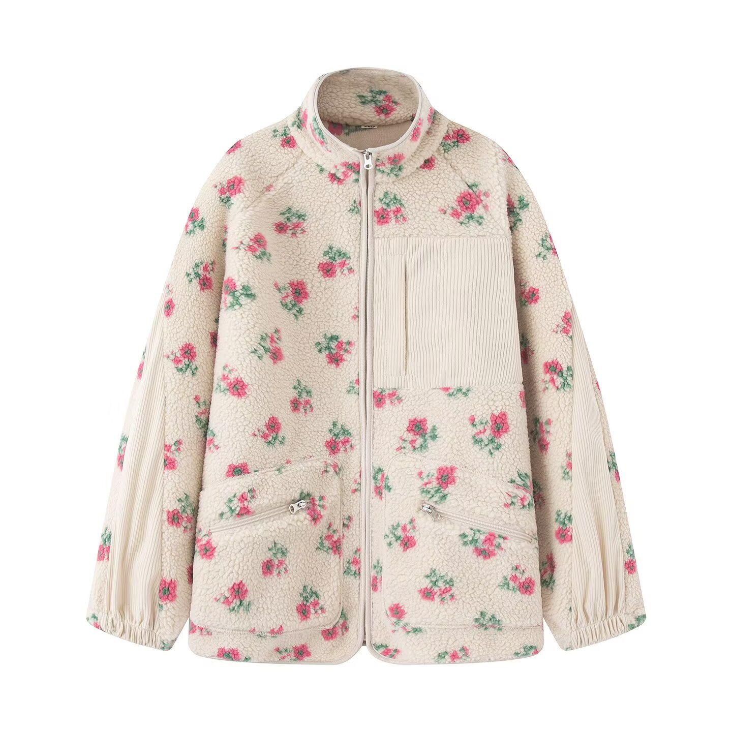Sherpa Jacket Fleece - سترة الأزهار الموضة للنساء خريف شتاء